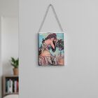 Handbemalter Glas Suncatcher mit Kette, silberfarbenem Rahmen, Alphonse Mucha Motiv Sommer, 12x15 cm