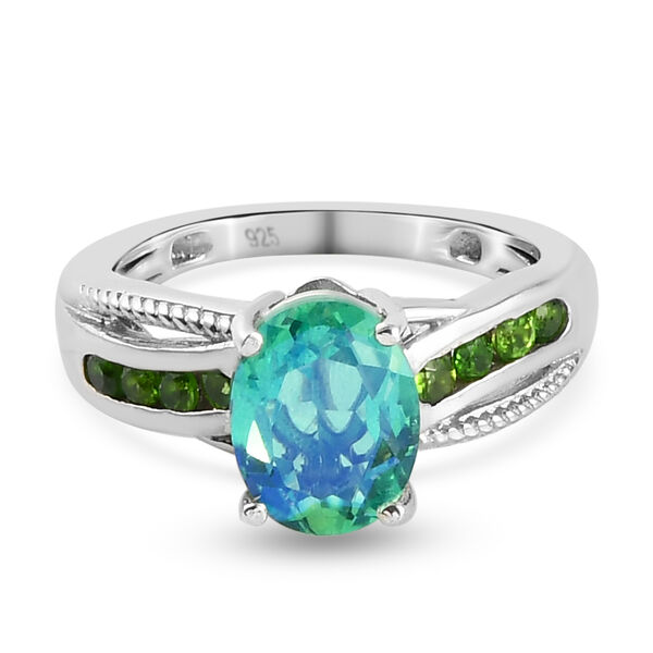 Pfau Triplett Quarz und Nat&uuml;rlicher Chromdiopsid Ring 925 Silber platiniert  ca. 2,41 ct