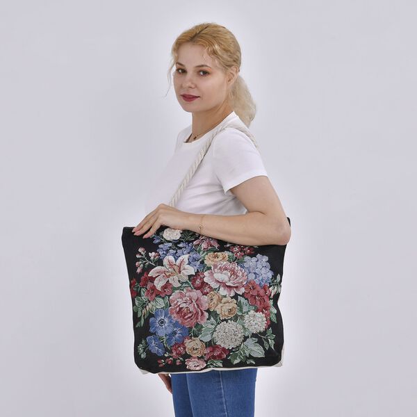 Gewebte Jutetasche mit buntem Blumenmuster, Maße: 42x34xx37cm, Schwarz image number 2
