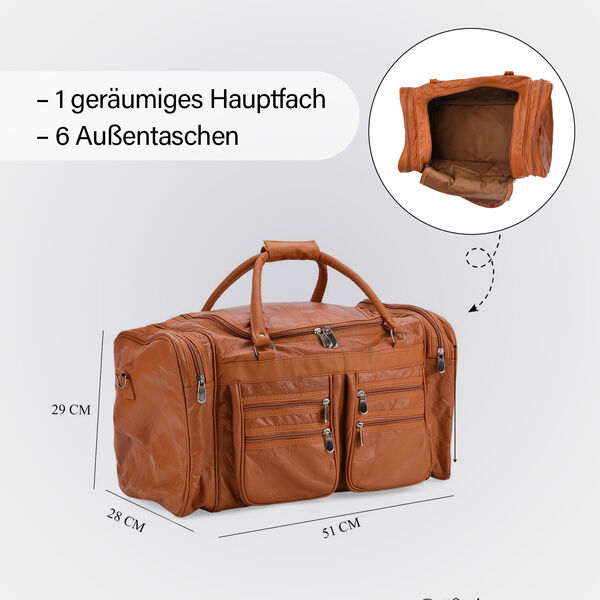 Patchwork-Reisetasche aus Schafleder mit 6 Au&szlig;entaschen und Schulterriemen, 51x29x28 cm, Hellbraun image number 4
