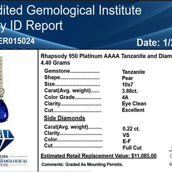 RHAPSODY - AAAA Tansanit und Diamant-Ohrringe VS E-F, zertifiziert und geprüft, 950 Platin ca. 4,10 ct image number 6