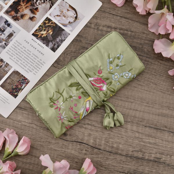 Schmuckorganizer aus Satin mit Stickerei und 5 Premium-Poliertüchern, 20x9cm, Olive image number 15