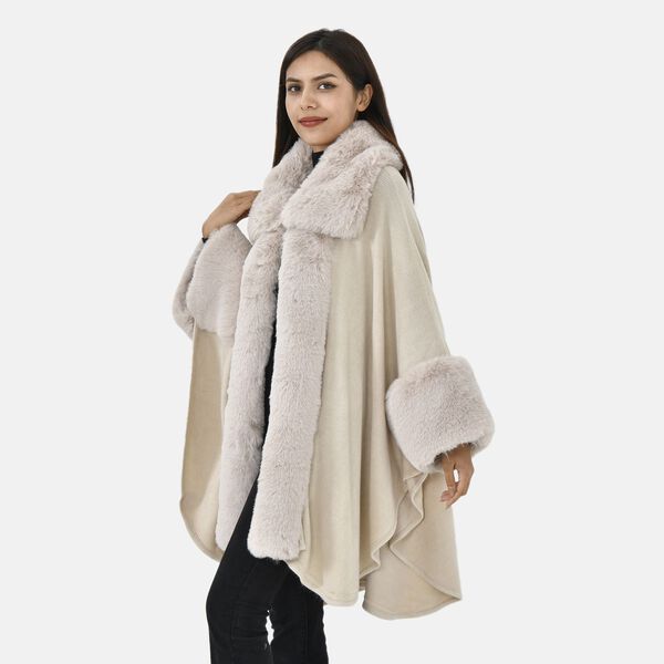 LA MAREY - Stilvoller langer Mantel mit Kunstpelzrand, 108x80cm, beige image number 3