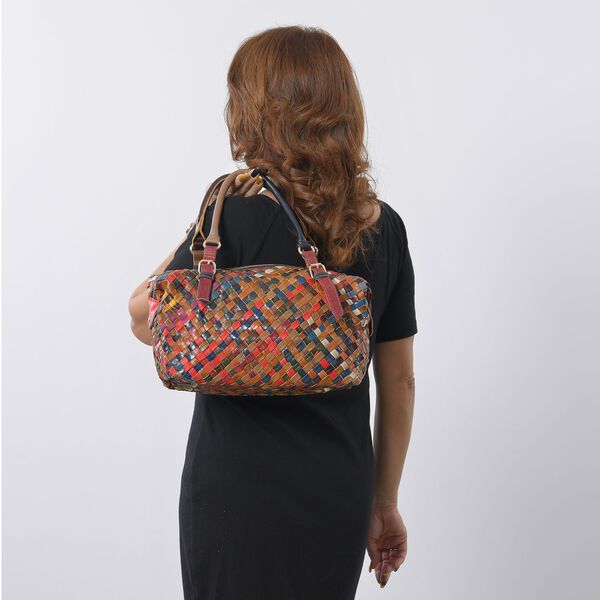 CHAOS BY ELSIE - Gewobene Umh&auml;ngetasche aus echtem Leder, 25x10x21 cm, Karomuster, Orange image number 3