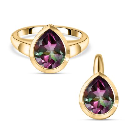 Wassermelonen-Quarz-Triplett-Ring und Anh&auml;nger, 925 Silber vergoldet ca. 7,11 ct