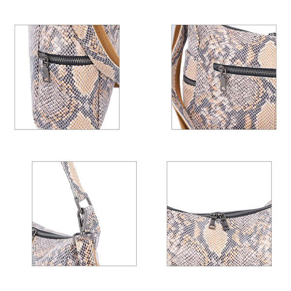 Hobo-Tasche aus 100% echtem Leder, Schlangenhautmuster, Beige image number 6