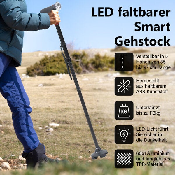 Klappbarer Smart-Walking-Stick mit drehbarem LED-Frontlicht image number 2