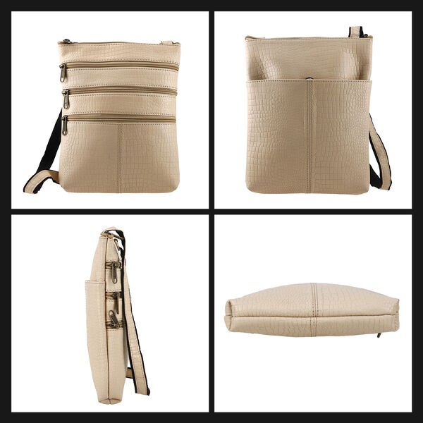 Echtleder Crossbody Tasche mit Kroko-Pr&auml;gung, Beige image number 7