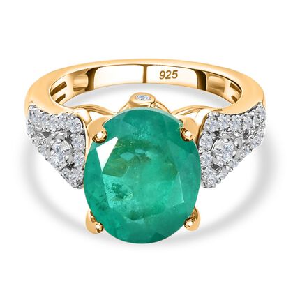 Smaragd-Quarz-Triplette, Wei&szlig;er Zirkon Ring, 925 Silber Gelbgold Vermeil (Gr&ouml;&szlig;e 19.00) ca. 6.96 ct