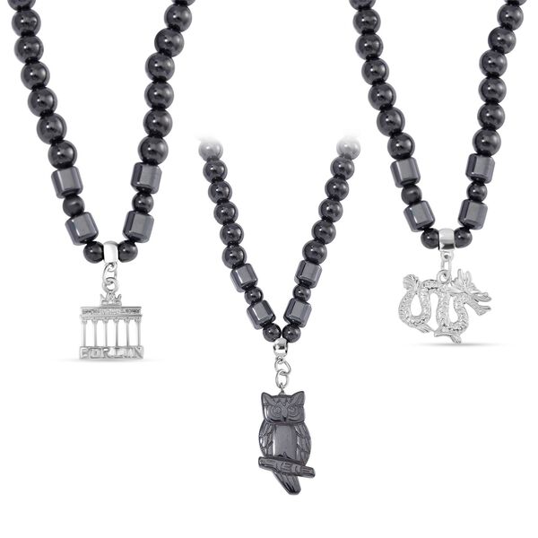 3er Set - H&auml;matit Drachen, Brandenburger Tor, und Eule Anh&auml;nger mit Kette, ca. 1320.00 ct