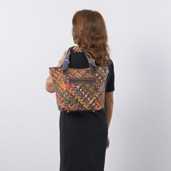 CHAOS BY ELSIE - Umh&auml;ngetasche aus echtem Leder mit Webmuster, 25x10x21 cm, Mehrfarbig, hell image number 3