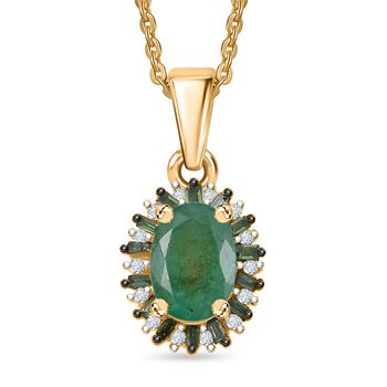 D'Joy Kagem sambischer Smaragd, gr&uuml;ner Diamant und Zirkon Anh&auml;nger mit 50cm Kette - 0,91 ct.