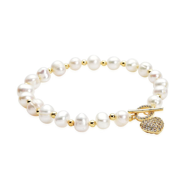 S&uuml;&szlig;wasserzuchtperlen und wei&szlig;es Zirkonia-Armband, ca. 19 cm, goldfarben ca. 18,50 ct image number 2