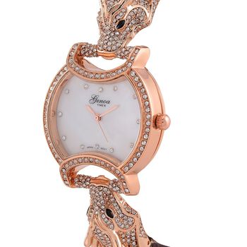 GENOA Kristall Uhr mit japanischem Miyota-Uhrwerk und braunem Lederarmband in Ros&eacute;goldton, 24cm