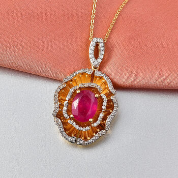 D'Joy - Liebe in Bl&uuml;te Afrikanischer Rubin (Fissure gef&uuml;llt), Wei&szlig;er Zirkon Schmuckset ca. 50 cm 925 Silber 750 Gelbgold Vermeil ca. 3.59 ct