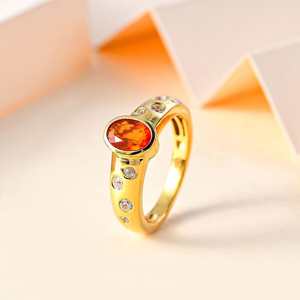 AA Salamanca Feueropal, Weißer Zirkon Ring 925 Silber 750 Gelbgold Vermeil (Größe 20.00) ca. 0,83 ct image number 2