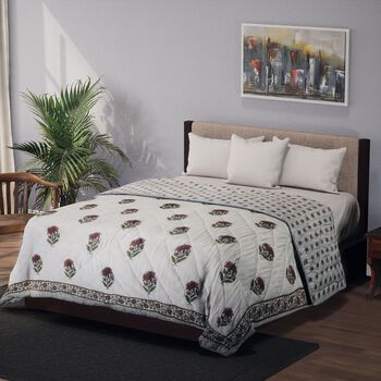 Baumwoll-Voile-Steppdecke mit Blockdruck, inklusive Stofftasche, Oliv