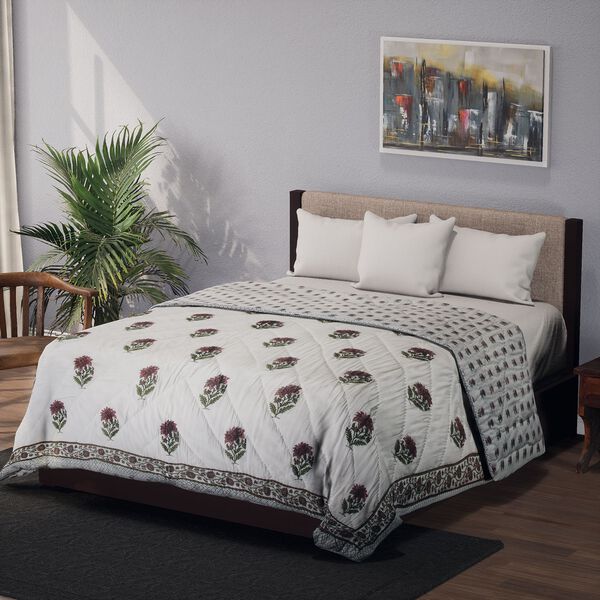 Baumwoll-Voile-Steppdecke mit Blockdruck, inklusive Stofftasche, Oliv