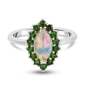 Nat&uuml;rlicher &Auml;thiopischer Opal und nat&uuml;rlicher Chromdiopside Halo Ring 925 Silber platiniert (Gr&ouml;&szlig;e 17.00) ca. 1,12 ct