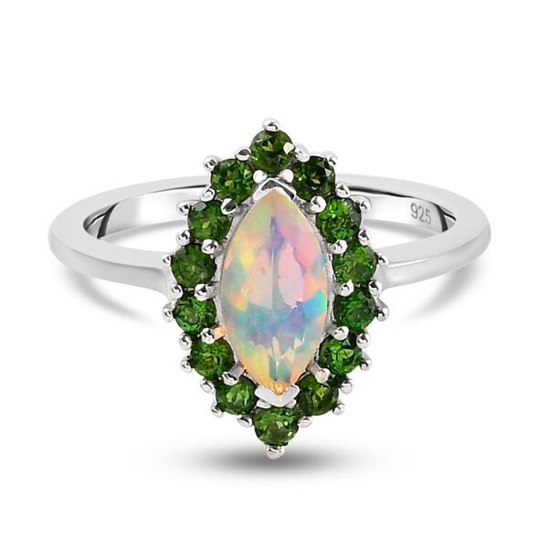 Nat&uuml;rlicher &Auml;thiopischer Opal und Russischer Diopside Halo Ring 925 Silber Platin-&Uuml;berzug