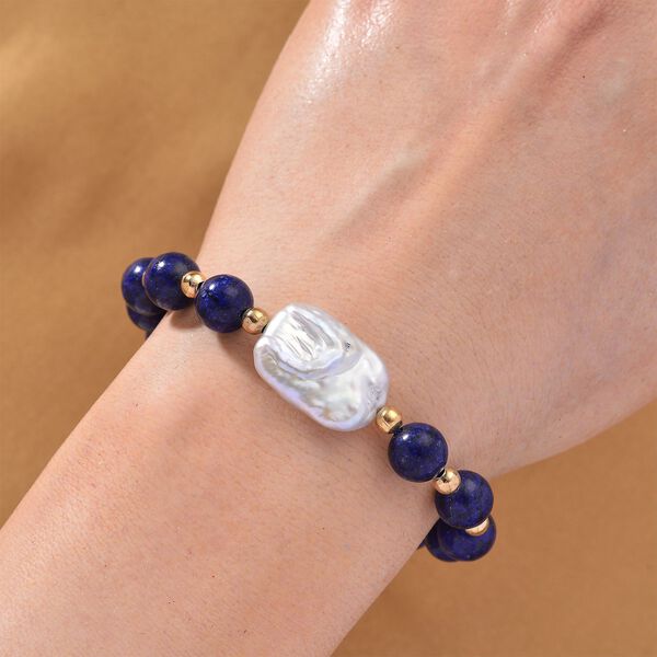 Lapislazuli, Wei&szlig;e Keshi Perle Armband, ca. 18cm mit 5cm extender, Reine Legierung goldfarben image number 2