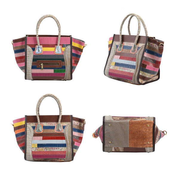 CHAOS BY ELSIE - Schultertasche aus 100% echtem Leder mit RFID Schutz und abnehmbarem Riemen, Krokodil Muster, Größe 28x18x30 cm, Taupe image number 4