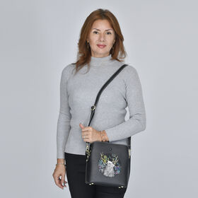 Crossbody Tasche aus echtem Leder, Hirsch Muster, Schwarz