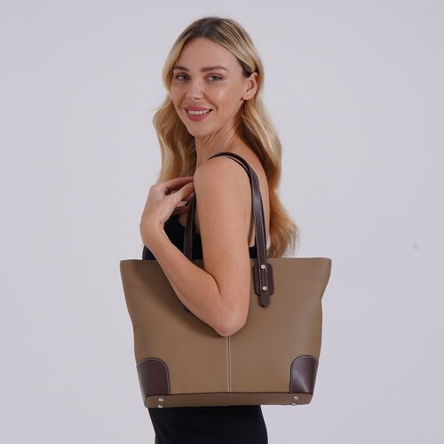 Echtleder Modische, geräumige Kontrastfarbene Tasche mit Verschluss, Größe: 33x13x29 cm, Khaki image number 1