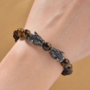 Tigerauge, Schwarzer Zirkonia Armband, Flexibles, Messing Schwarzes Rhodium