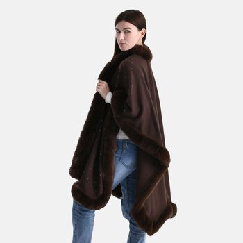 LA MAREY Poncho mit Kunstfellbesatz und Kristall-Detail, Braun, Einheitsgr&ouml;&szlig;e