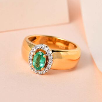 AAA Smaragd, wei&szlig;er Zirkon Ring, 925 Silber Gelbgold Vermeil (Gr&ouml;&szlig;e 19.00) ca. 0.74 ct