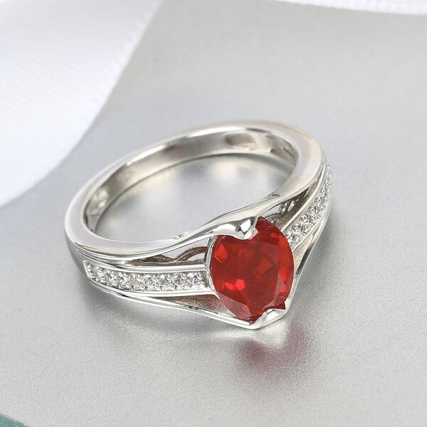 Mexikanischer Kirschfeuer-Opal und Zirkon Solit&auml;r Ring 925 Silber Platin-&Uuml;berzug image number 2