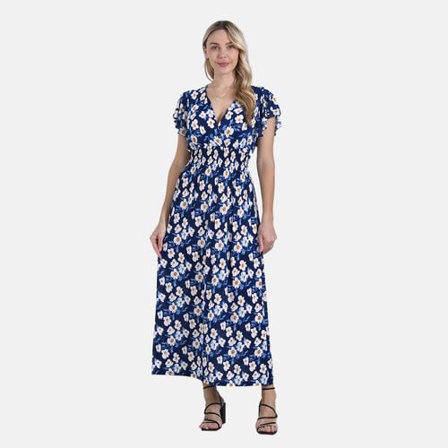 Gesmokter Maxikleid mit Volantärmeln, Beige mit Leopardenmuster, Einheitsgröße, Blau