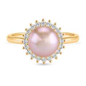 Lila Süßwasser Perle, Weißer Zirkonia Ring Nickelfreies Messing, Goldfarben, Flexibles (Größe 17.00-19.00)