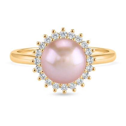 Lila S&uuml;&szlig;wasser Perle, Wei&szlig;er Zirkonia Ring Nickelfreies Messing, Goldfarben, Flexibles (Gr&ouml;&szlig;e 17.00-19.00)