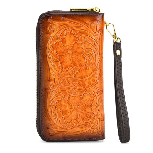 "Life style Color:Embossed Brown flower /Profile:Long wallet with wraist wall(exterior):PU   Lining(interior): polyester;   Pockets(exterior):Zipped-1; Pockets(interior):Zipped-1;Card slot-8  Measurement:7.48*0.98*3.94 " image number 0