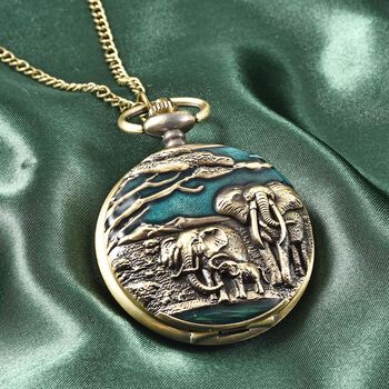 STRADA Taschenuhr mit 79cm Kette im Elefantenmotiv, Japanisches Uhrwerk