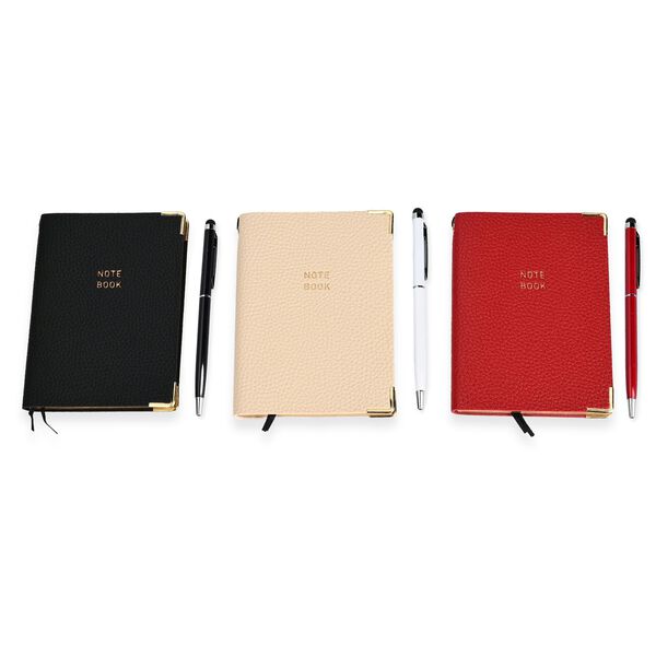 3tlg. Notiz- und Tagebuch Geschenkset mit Kugelschreiber, Schwarz, Elfenbeinfarben, Rot