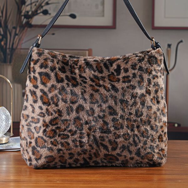 Fellimitat-Tragetasche, Leopardenmuster, 46x11x35cm, Schwarz-Braun image number 2