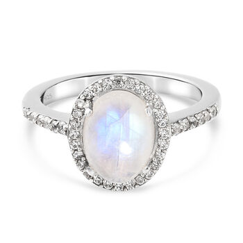 Regenbogen Mondstein und Zirkon-Ring, 925 Silber platiniert (Gr&ouml;&szlig;e 16.00) ca. 2.71 ct