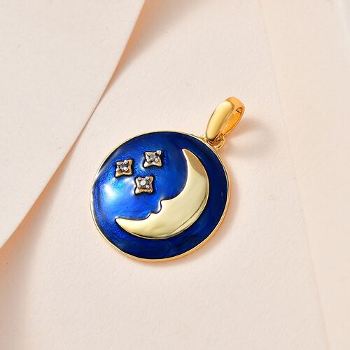Weißer Diamant Mond und Sterne emailliert Anhänger, 925 Silber Gelbgold Vermeil image number 1