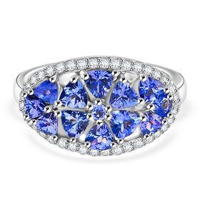 Tansanit und Zirkon Cluster Ring 925 Silber platiniert  ca. 2,03 ct