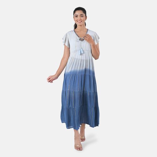 Maxikleid aus Viskose-Crepe mit Lurex Ombre-Schal mit Quasten aus Poly-Seide-Modal und Crossbody Tasche Dunkelblau image number 1