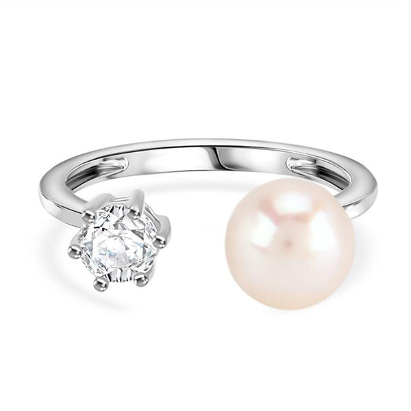 Wei&szlig;e S&uuml;&szlig;wasser Perle, Wei&szlig;er Zirkonia Ring Nickelfreies Messing, Flexibles (Gr&ouml;&szlig;e 16.00-18.00)