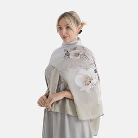 LA MAREY Signature Set mit Seidenschal und Seidentropfen-Ohrringen, 100% Maulbeerseide, 65 x 170 cm, Perlgrau mit Beige