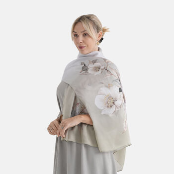 LA MAREY Signature Set mit Seidenschal und Seidentropfen-Ohrringen, 100% Maulbeerseide, 65 x 170 cm, Perlgrau mit Beige