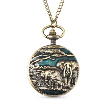 STRADA Taschenuhr mit Elefantenmotiv, Japanisches Uhrwerk, Goldplattierung, inkl. 78,7 cm Kette