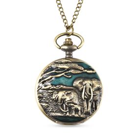 STRADA Taschenuhr mit Elefantenmotiv, Japanisches Uhrwerk, Goldplattierung, inkl. 78,7 cm Kette