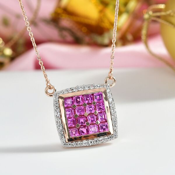 AAA Lab Grown Rosa Saphir, Weißer Zirkon Halskette ca. 50 cm 925 Silber 750 Roségold Vermeil ca. 2.59 ct image number 1