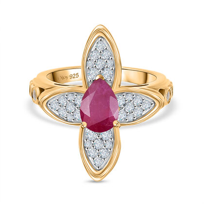 Garten der Kronjuwelen- D'Joy Afrikanischer Rubin (Fissure gef&uuml;llt), Wei&szlig;er Zirkon Ring 925 Silber 750 Gelbgold Vermeil (Gr&ouml;&szlig;e 16.00) ca. 2.40 ct